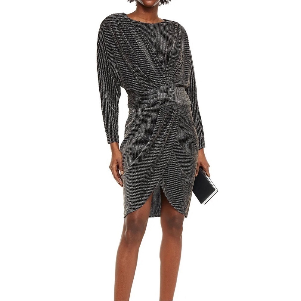 IRO Metallic Wrap Effect Long Sleeve Draped Metallic  Jersey Mini Dress Black